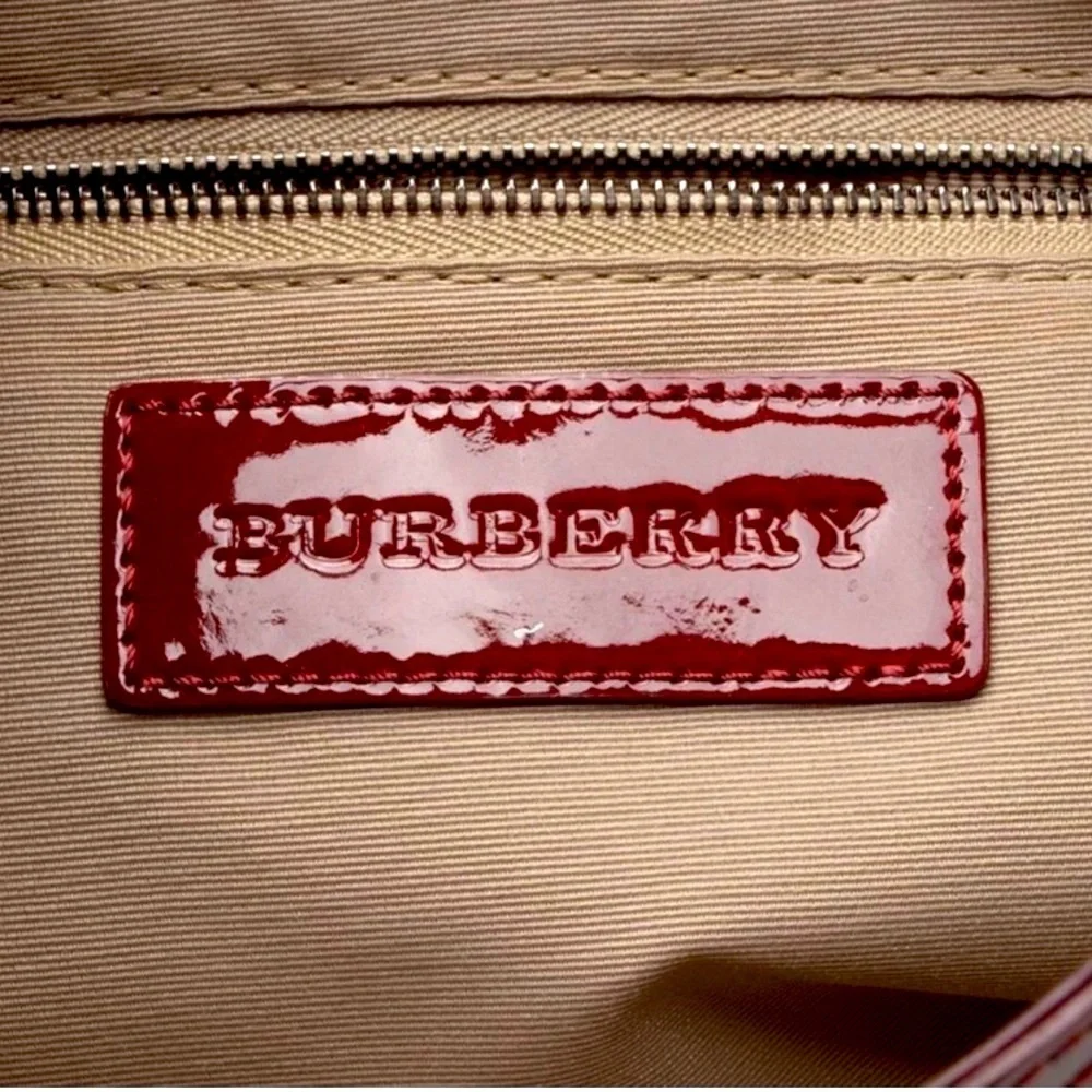 BURBERRY Maroon & Tan Star Print Canvas & Patent Leather Handbag, EUC